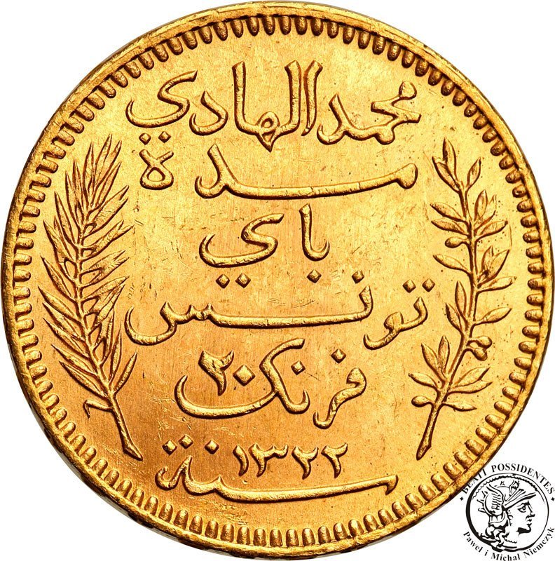 Tunezja Muhammad al-Hadi 20 Franków AH 1322 (1904)  mennica A-Paryż st.1